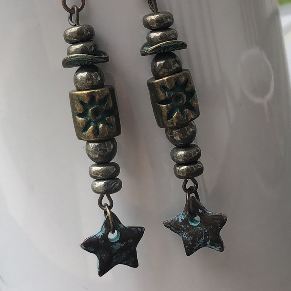 pyrite & patina star earrings handcrafted - Picture 6 of 14